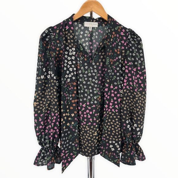 Never Fully Dressed Black Meadow Floral Tie Neck Long Sleeve Cinched Cuff Top 2 - Picture 3 of 12